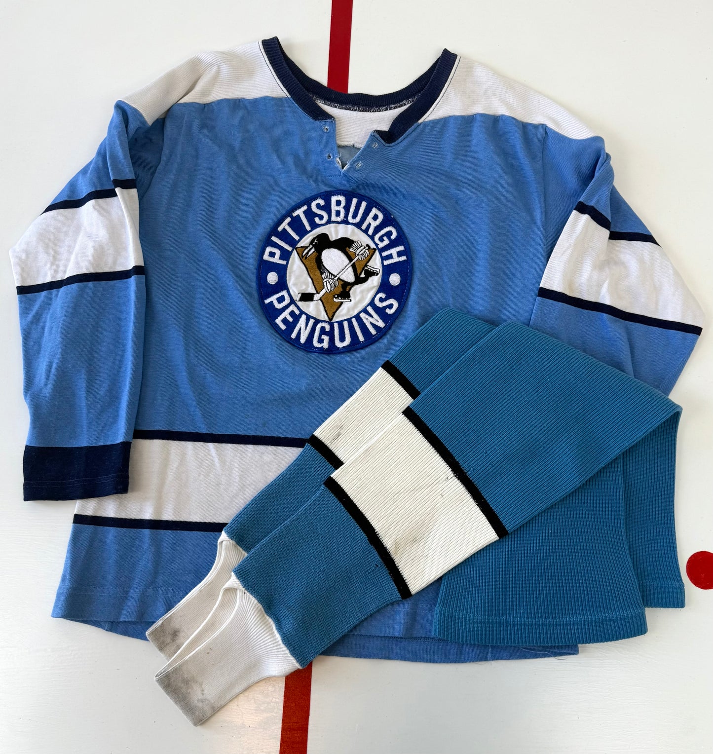 Pittsburgh Penguins 1969-1970 NHL Hockey Jersey (40/Small) and Game Worn 1968-69 Socks