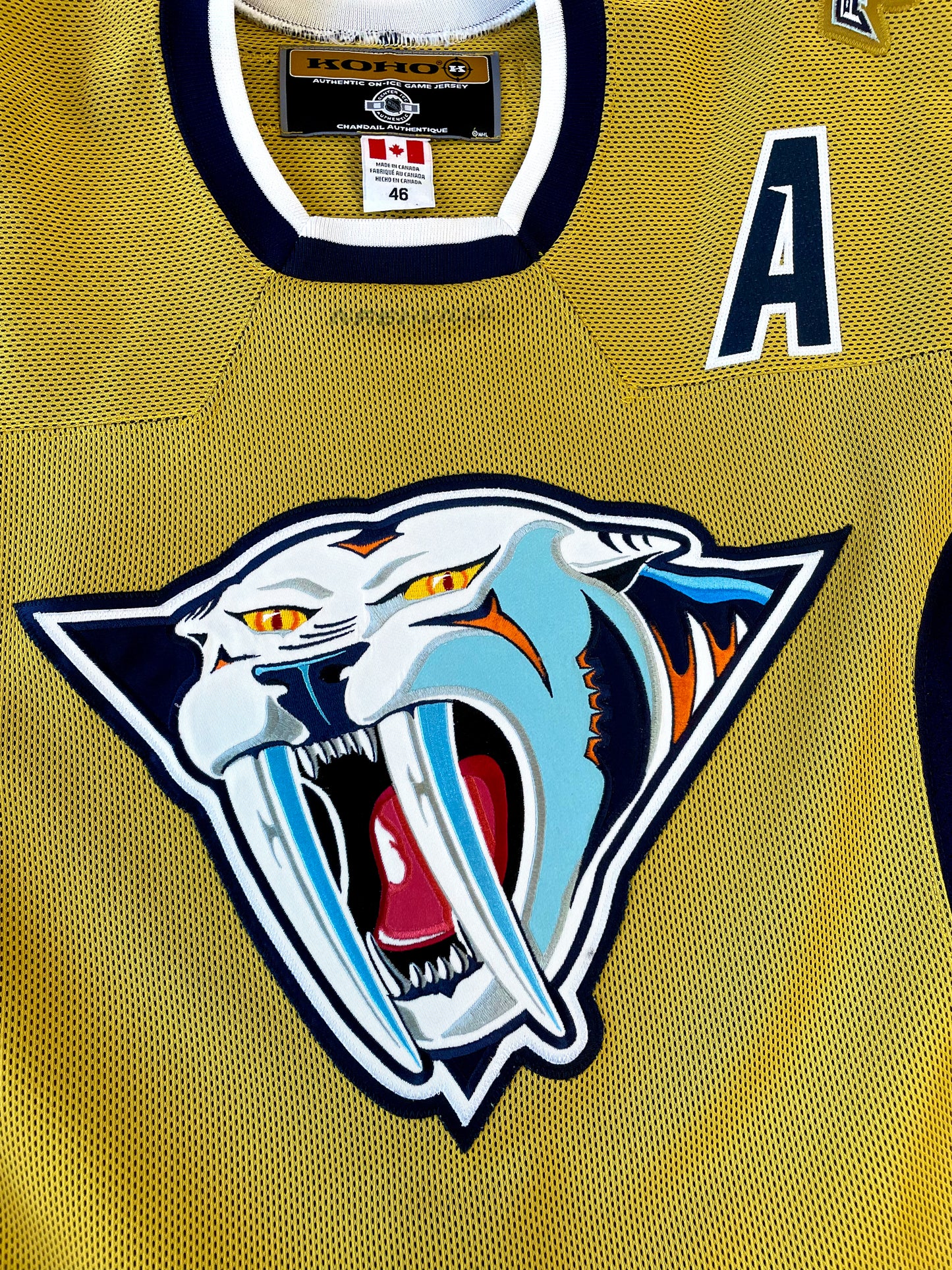 Nashville Predators 2003-04 Kimmo Timonen “Mustard Cat” Hockey Jersey (46/Medium)