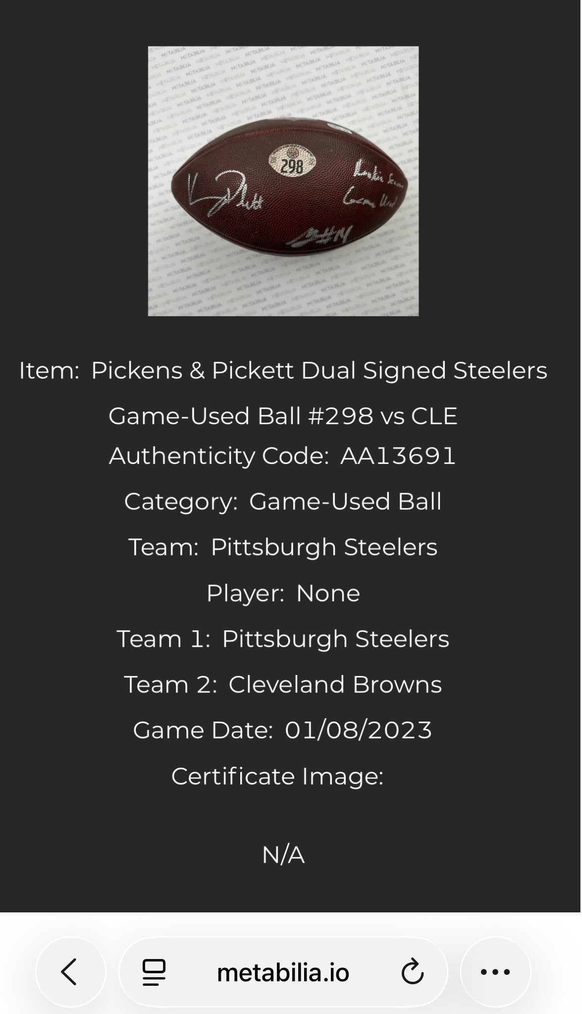 Game Used Pittsburgh Steelers NFL Football “The Duke” Ball Signed by Kenny Pickett and George Pickens